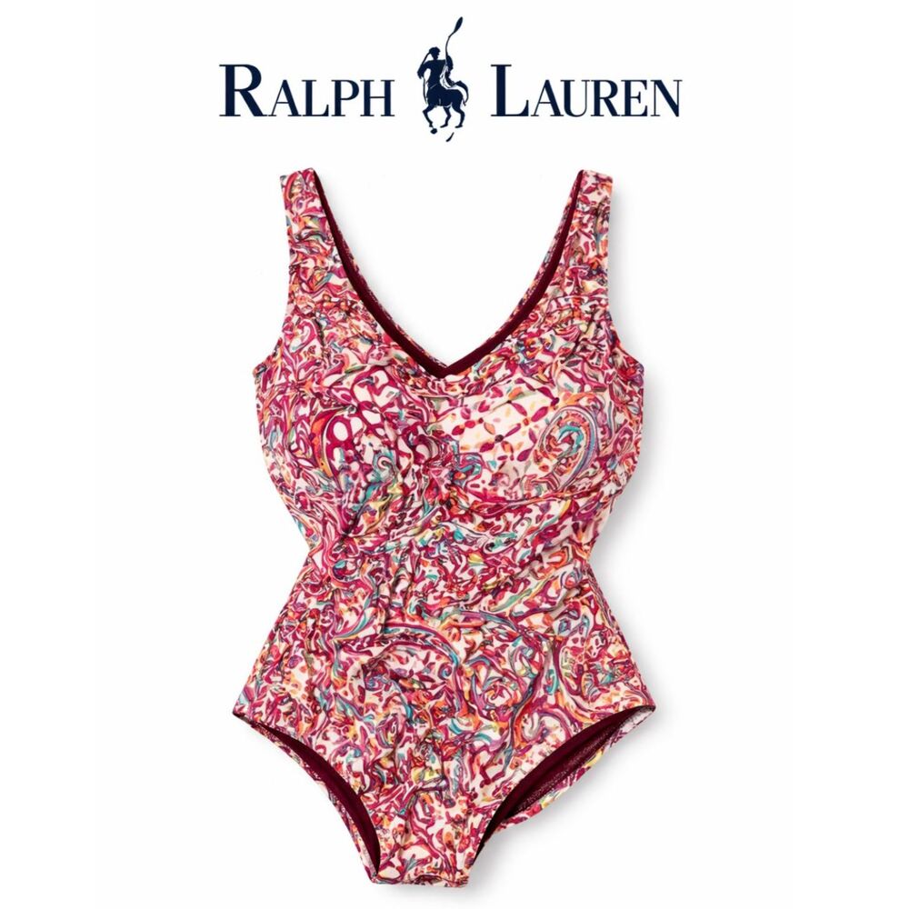 Ralph Lauren Paisley One Piece Swimsuit 16W Padded Support Stretch Tummy Control